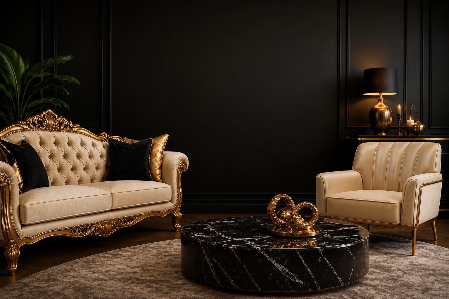 Luxury living room with gold-trim furniture and black marble table
